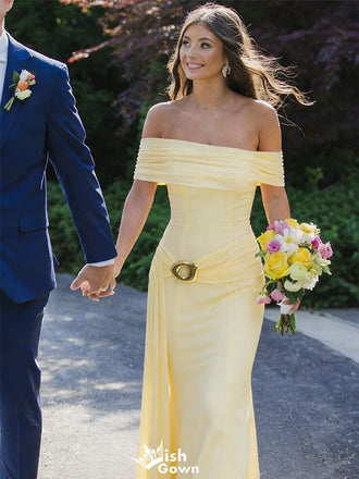 Classy Yellow Off Shoulder Prom Dress Mermaid Long Satin Formal Event Gown,WGP2188