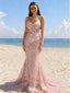 Elegant Pink Mermaid Prom Gown Lace Applique Sheer Corset Bodice Sparkling Beach Party,WGP2083