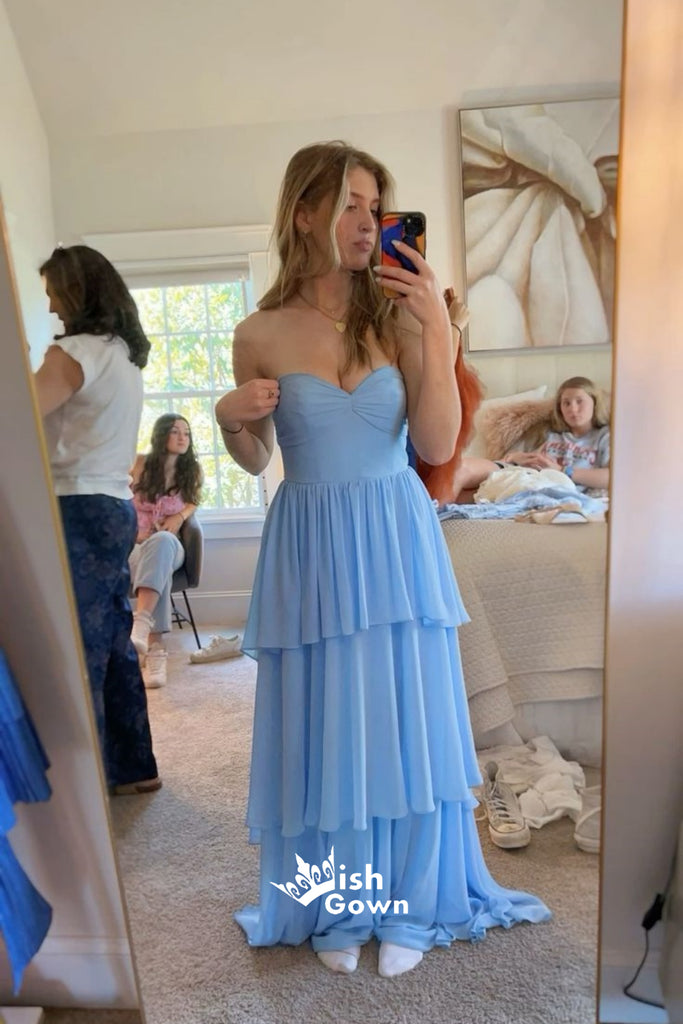 Sexy Blue Tiered Chiffon Strapless Sweetheart Party Prom Dresses,Evening Dress Online, WGP871