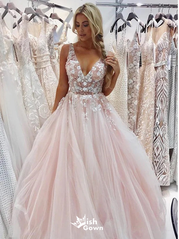 Elegant Pink A-Line V-Neck Lace Popular Long Evening Dresses, Formal D Wish Gown Elegant Pink A-Line V-Neck Lace Popular Long Evening Dresses, Formal D Wish Gown