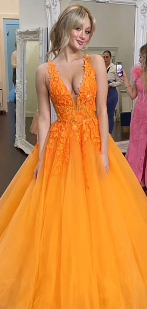 Elegant Orange A-Line V-Neck Lace Popular Long Evening Dresses, Formal Dresses, Birthday Party, WGP602