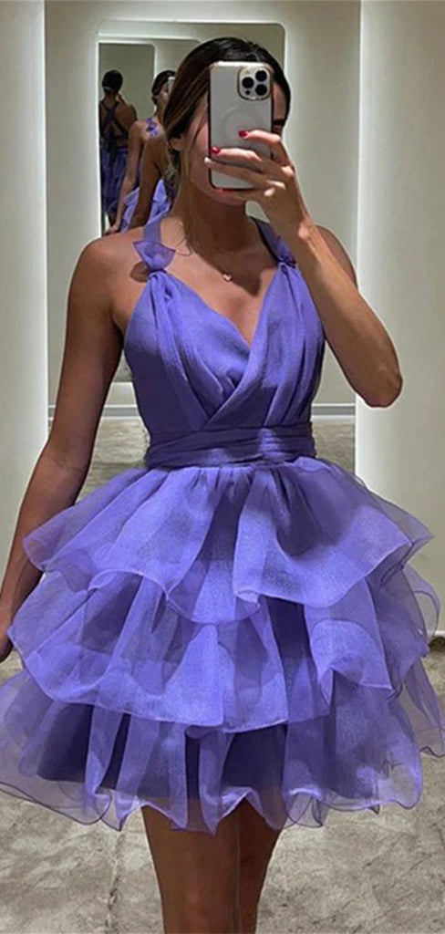 Elegant Purple V-Neck Criss Cross Popular Cheap Short Homecoming Dresses, EPT202