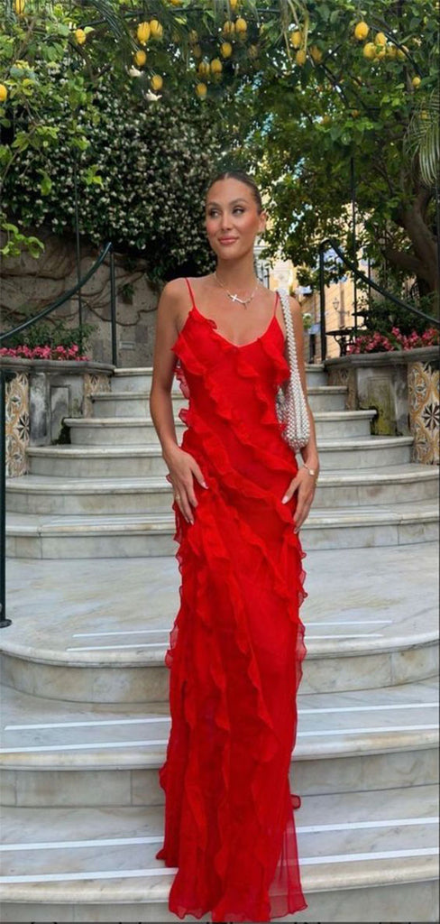 Charming Red Mermaid Spaghetti Straps Ruffle Maxi Long Party Prom Gowns,Evening Dresses,WGP386