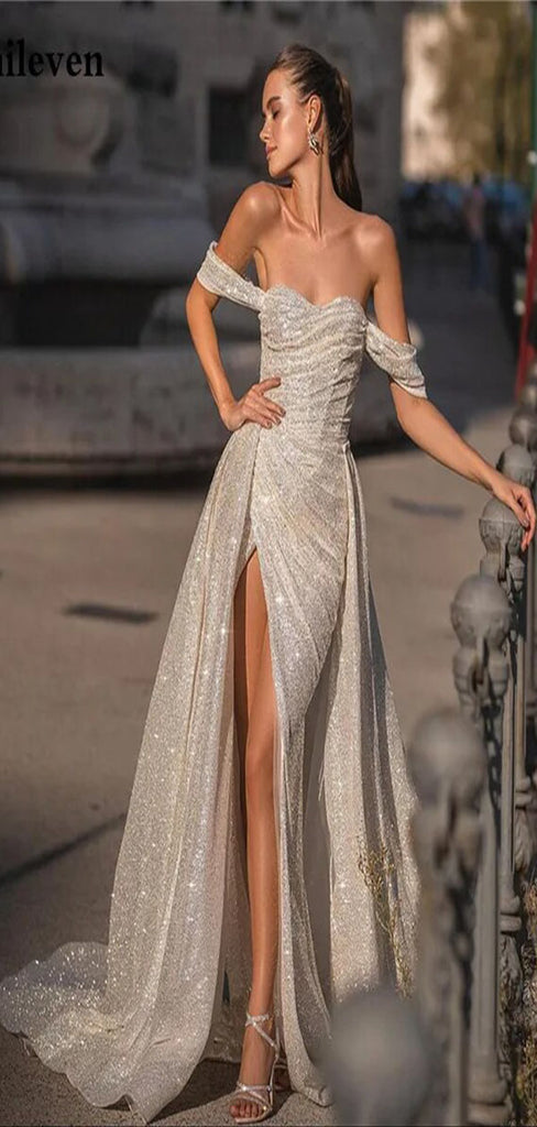 Sexy Mermaid Sweetheart Off Shoulder Side Slit Sequins Long Formal Prom Dresses,Evening Gowns,WGP334