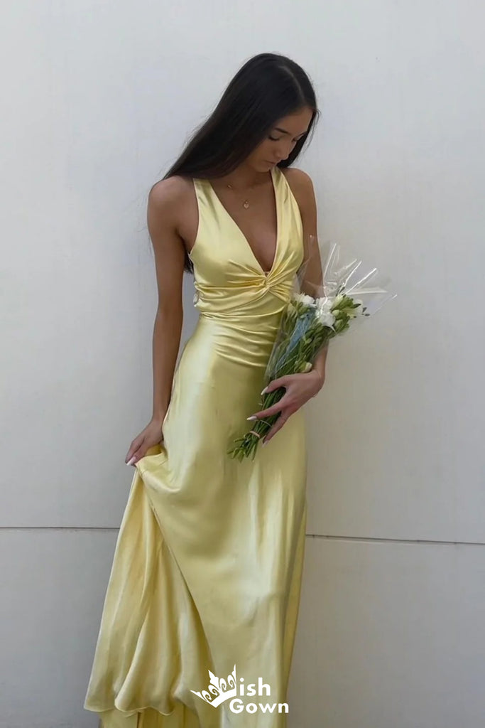 Gorgeous Yellow V Neck A-line Long Party Dress Prom Dresses ,WGP1022