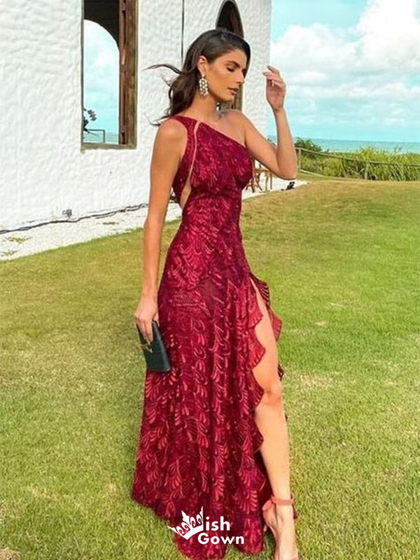 Elegant Red Mermaid One-Shoulder Side Slit Popular Long Evening Dresses, Formal Dresses, Birthday Party, WGP603