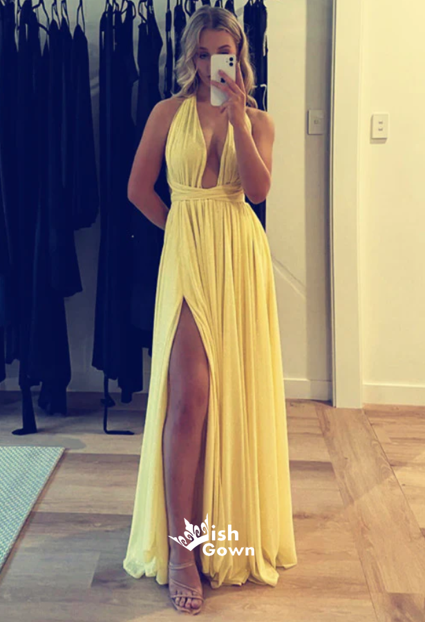 Sexy Yellow Plunging A-line Party Prom Dresses,Evening Dress Online with Slits , WGP875