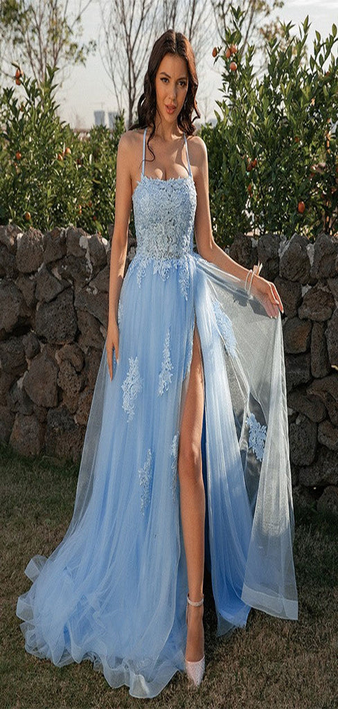 Unique Blue A-Line Halter Side Slit Appliques Lace Up Formal Maxi Prom Gowns,Evening Dresses,WGP344