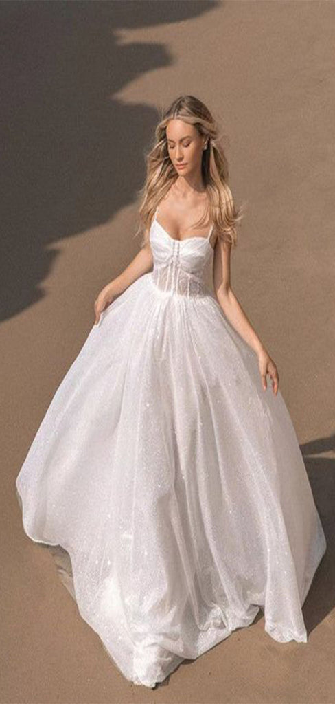 Elegant White A-Line Sweetheart Spaghetti Straps Sequins Long Maxi Prom Gowns,Evening Dresses,WGP362