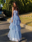 Elegant Blue A-Line Strapless Sleeveless Ruffles Long Formal Prom Gowns,Evening Dresses,WGP363