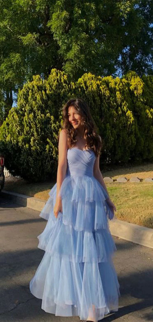 Elegant Blue A-Line Strapless Sleeveless Ruffles Long Formal Prom Gowns,Evening Dresses,WGP363