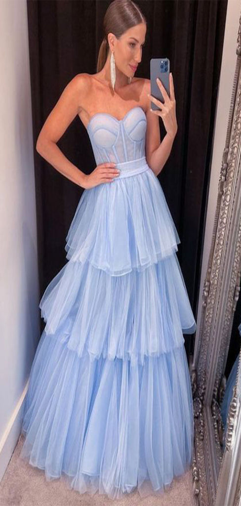 Elegant Blue A-Line Sweetheart Sleeveless Ruffles Long Formal Prom Gowns,Evening Dresses,WGP364