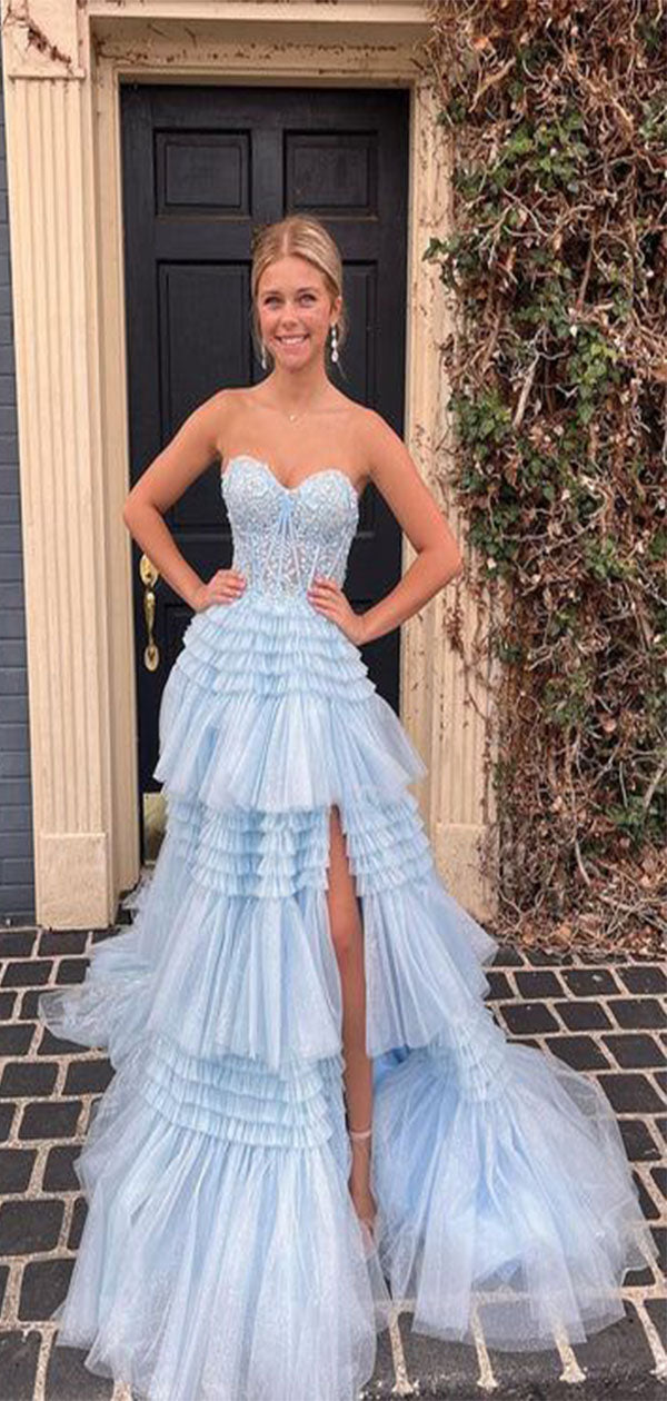 Elegant Blue A-Line Sweetheart With Trailing Ruffles Appliques Long Fo Wish Gown Elegant Blue A-Line Sweetheart With Trailing Ruffles Appliques Long Fo Wish Gown