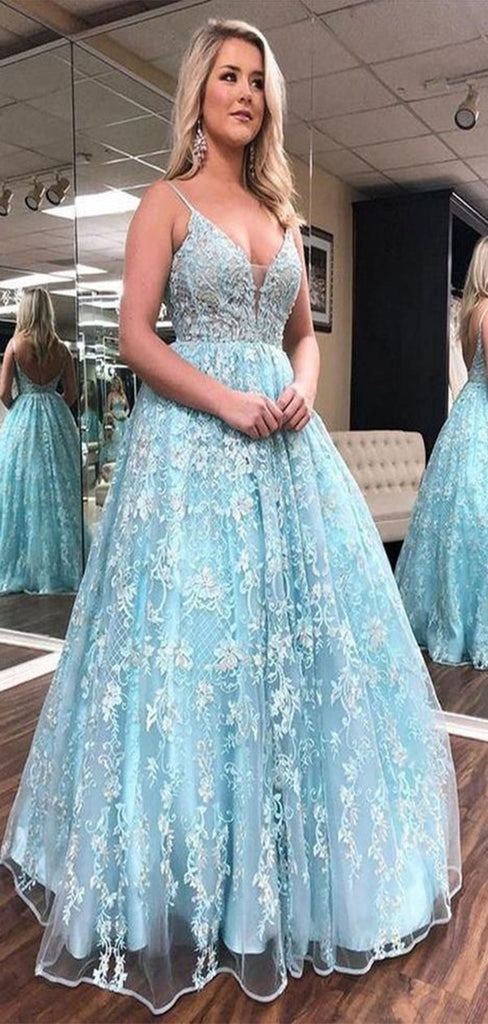 Popular Blue A-Line V Neck Spaghetti Straps Backless Lace Appliques Long Formal Prom Dresses,Evening Gowns,WGP367