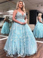 Popular Blue A-Line V Neck Spaghetti Straps Backless Lace Appliques Long Formal Prom Dresses,Evening Gowns,WGP367