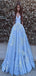 Gorgeous Blue A-Line Off Shoulder V Neck Lace Appliques Long Prom Dresses,Evening Gowns,WGP353
