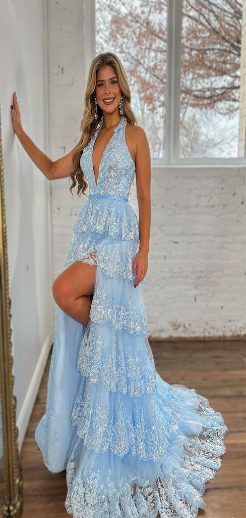 Gorgeous Blue A-Line Halter Side Slit Appliques Lace Long Formal Prom Dresses,Evening Gowns,WGP368