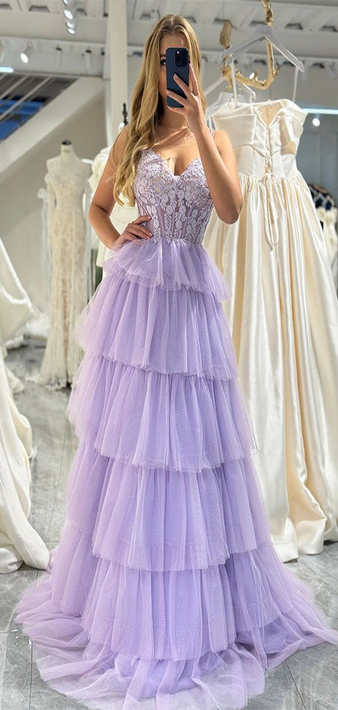 Elegant Lilac A-Line V Neck Spaghetti Straps Ruffles Appliques Long Prom Dresses,Evening Gowns,WGP354