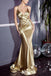 Stunning Gold Spaghetti Straps V Neck Mermaid Long Prom Dresses,WGP1037