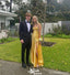 Elegant Yellow Strapless Side Slit Sheath Long Prom Dresses,WGP1038