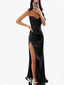 Sexy Black Mermaid Sweetheart Spaghetti Straps Side Slit Long Formal Prom Dresses,Evening Gowns,WGP373