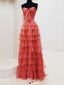 Elegant Watermelon Strapless Sweetheart Tiered A-line Long Prom Dresses ,WGP1039