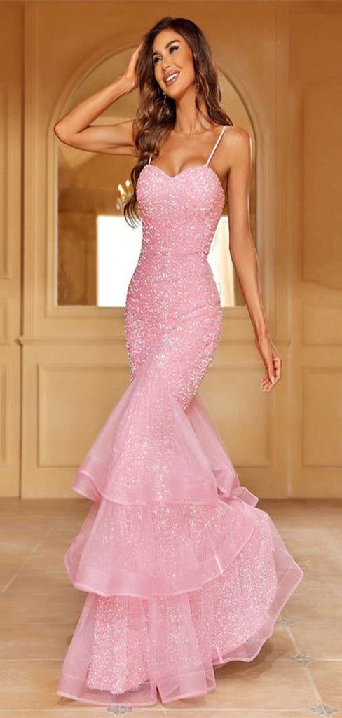 Sparkly Pink Mermaid Sweetheart Spaghetti Straps Sequins Ruffles Long Maxi Prom Dresses,Evening Gowns,WGP375