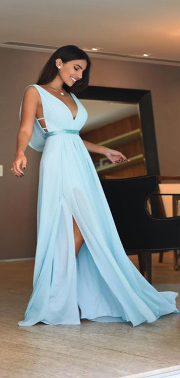 Elegant Baby Blue V-Neck A-Line Side Slit Popular Long Evening Dresses Wish Gown Elegant Baby Blue V-Neck A-Line Side Slit Popular Long Evening Dresses Wish Gown