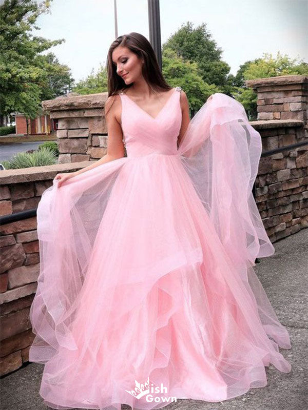 Elegant Pink A-Line V Neck Sleeveless Pleats Long Maxi Prom Dresses,Evening Gowns,WGP376