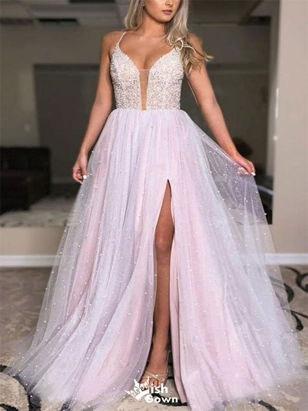 Gorgeous A-Line V Neck Halter Lace Up Side Slit Sequins Beading Long Formal Prom Dresses,Evening Gowns,WGP377