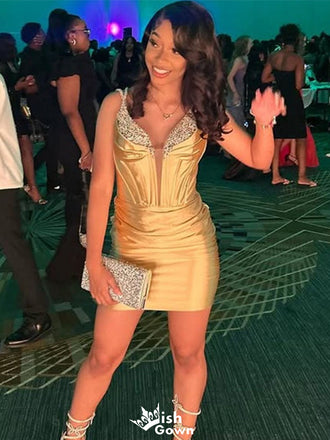 Elegant Spaghetti Strap V-neck Sheath Short Mini Homecoming Dress,EPT348