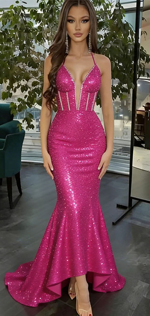 Modern Hot Pink Sequin Prom Gown Sexy Illusion V-Neck Mermaid Sparkly Evening Dress,WGP2090