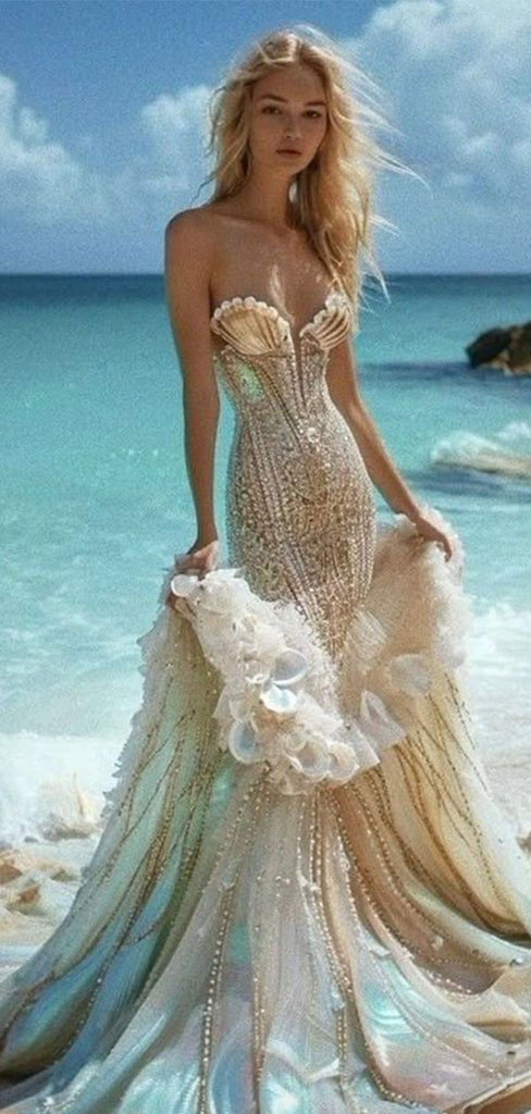 Gorgeous Champagne Sweetheart Mermaid Long Prom Dress Ideas, Evening Party Dresses,WGP1979