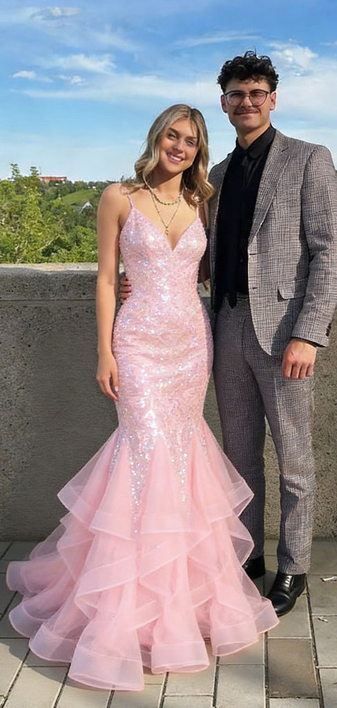 Sexy Pink Sequin Mermaid Prom Dress with Ruffled Tulle Bottom and V-Neck Sparkly Gown,WGP2099