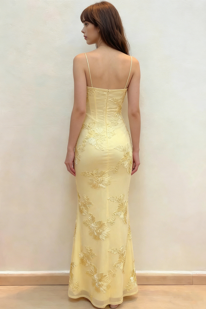 Classy Yellow Floral Embroidered Prom Dress Spaghetti Strap Corset Back Maxi Party Gown,WGP2084