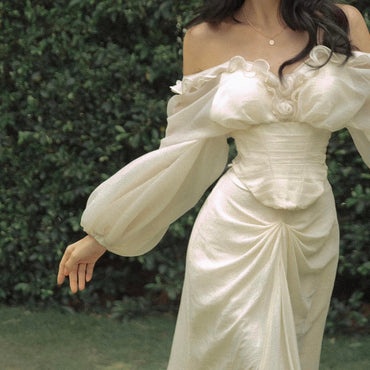 Unique Floral White V-Neck Long Sleeve Long Prom Dress Ideas, Evening Party Dresses,WGP1816