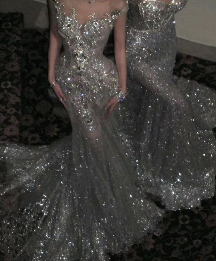Sparkly Silver Spaghetti Strap Mermaid Long Prom Dress Ideas, Evening Party Dresses,WGP1903