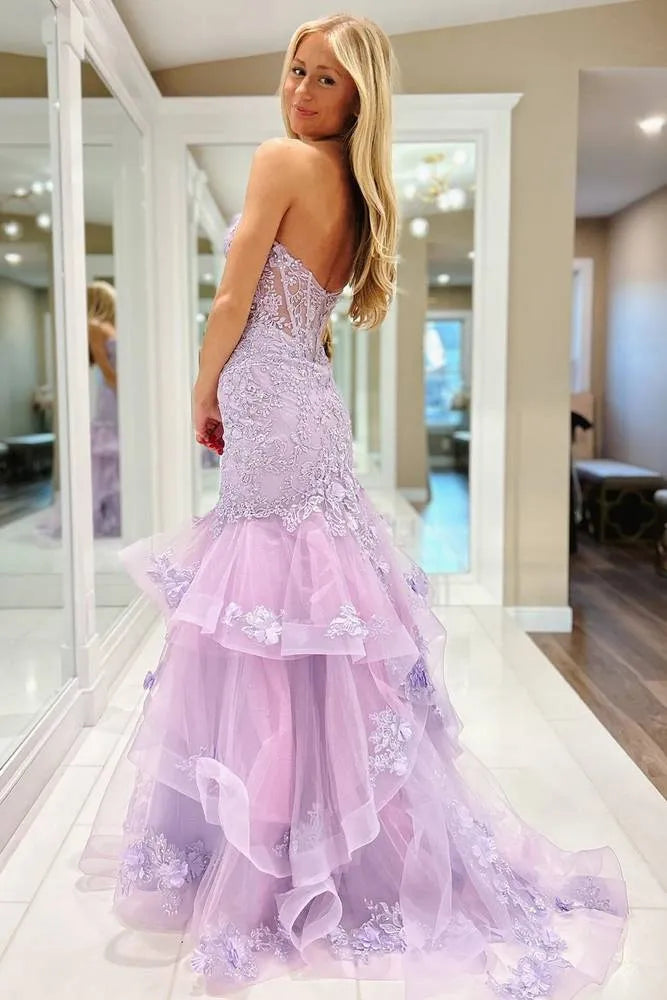 Fancy Lavender Lace Mermaid Prom Gown Strapless Tiered Formal Dress,WGP2132