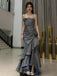 Unique Slate Blue Ruched Mermaid Prom Dress Spaghetti Strap Ruffle Tiered Gown,WGP2203