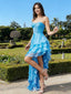 Unique Blue Strapless High-Low Prom Dress Ruffled Tiered Tulle Party Gown,WGP2214