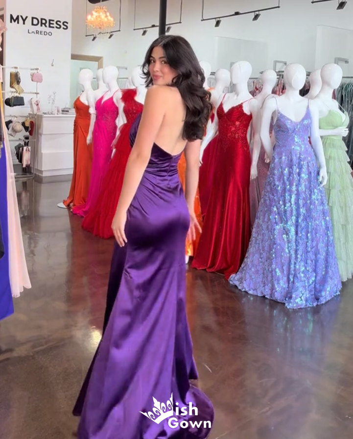 Gorgeous Purple Halter Open Back Side Slit Mermaid Long Prom Dresses ,WGP1043