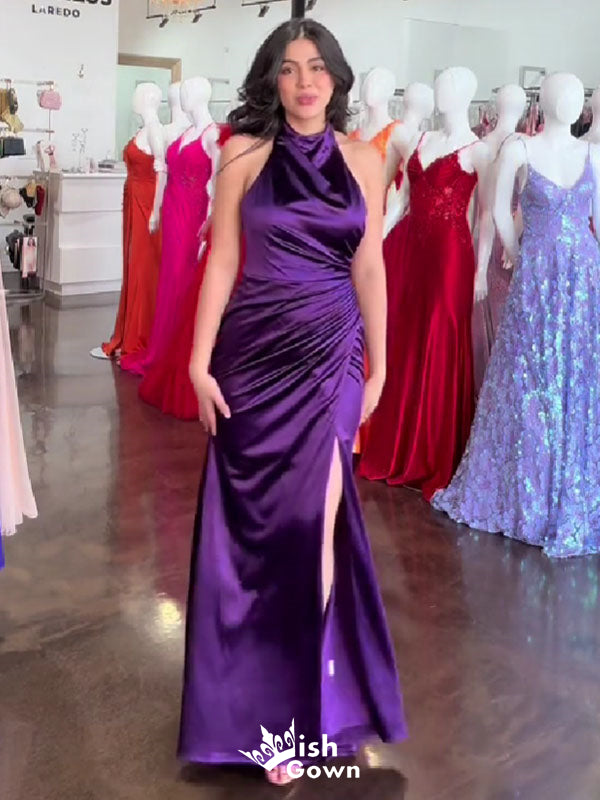 Gorgeous Purple Halter Open Back Side Slit Mermaid Long Prom Dresses ,WGP1043