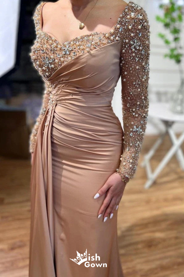 Gorgeous Long Sleeves Beaded Sweetheart Mermaid Long Party Dress Prom Dresses,Evening Dress Online, WGP883