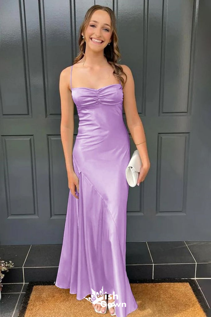 Gorgeous Spaghetti Straps Lilac Satin Sheath Long Prom Dresses ,WGP1049