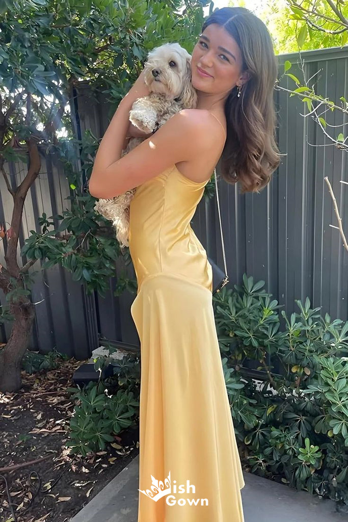 Gorgeous Spaghetti Straps Yellow  Satin Sheath Long Prom Dresses ,WGP1050