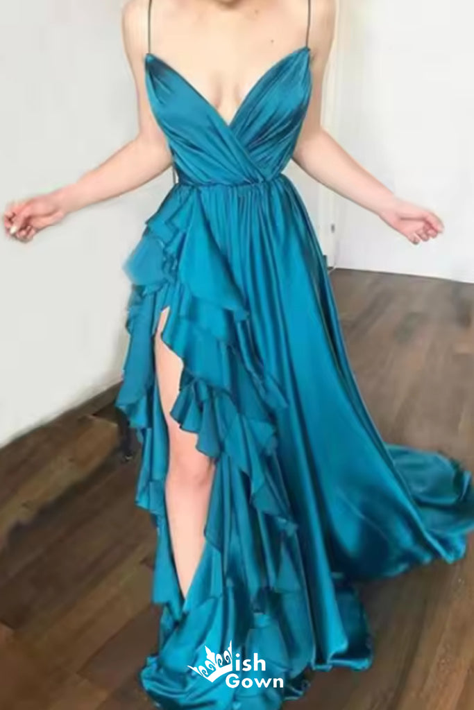 Gorgeous Spaghetti Straps V Neck Blue Satin Side Slit A-line Long Prom Dresses ,WGP1053