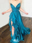 Gorgeous Spaghetti Straps V Neck Blue Satin Side Slit A-line Long Prom Dresses ,WGP1053