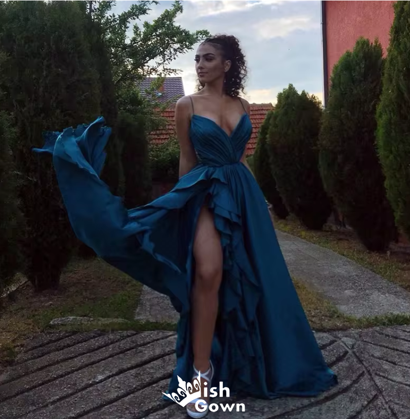 Gorgeous Spaghetti Straps V Neck Blue Satin Side Slit A-line Long Prom Dresses ,WGP1054