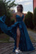 Gorgeous Spaghetti Straps V Neck Blue Satin Side Slit A-line Long Prom Dresses ,WGP1054