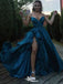 Gorgeous Spaghetti Straps V Neck Blue Satin Side Slit A-line Long Prom Dresses ,WGP1054